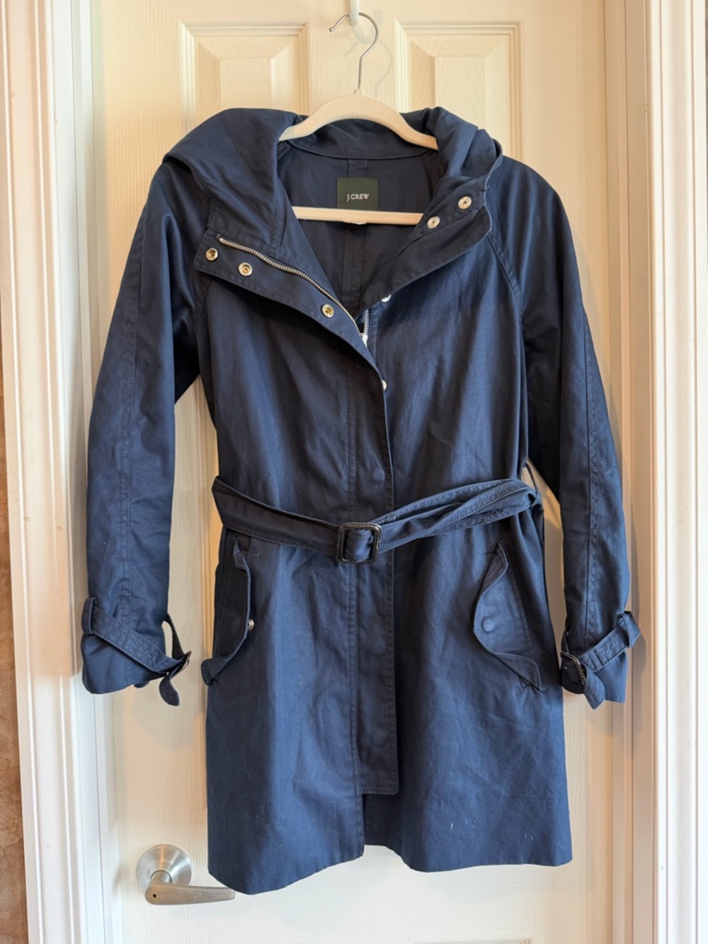J. Crew Navy Hooded Trench with Belted Waist